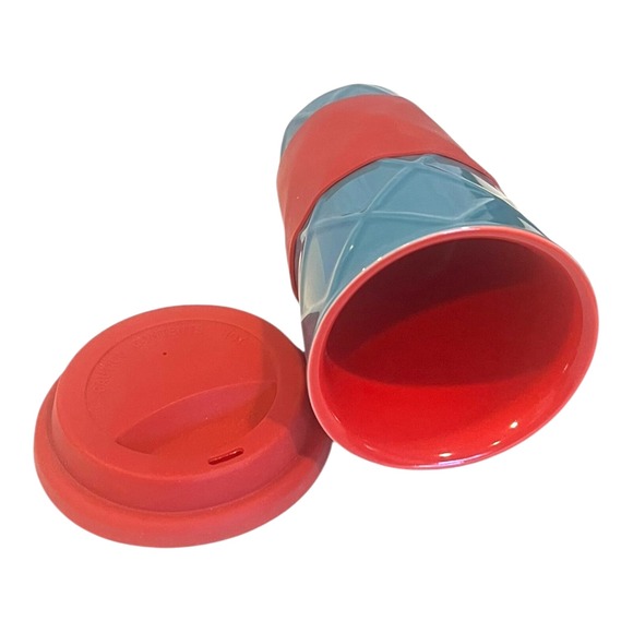 SCM Design Stoneware Ceramic Red & Aqua Travel Tumbler Mug Grip & Lid 12 oz - Picture 2 of 3